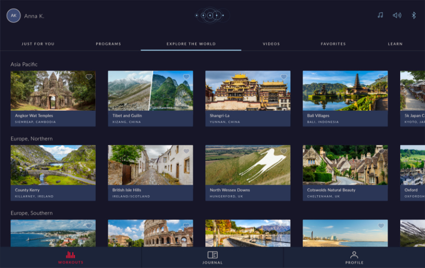 JRNY Explore the World workouts screenshot with easy navigation